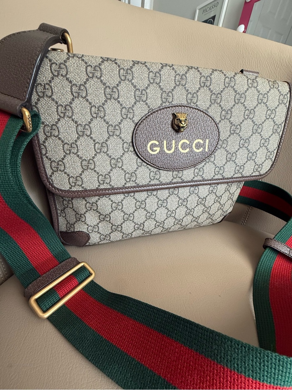 Gucci Large Neo Vintage GG Supreme Messenger Bag Tiger Head Web Crossbody Auth